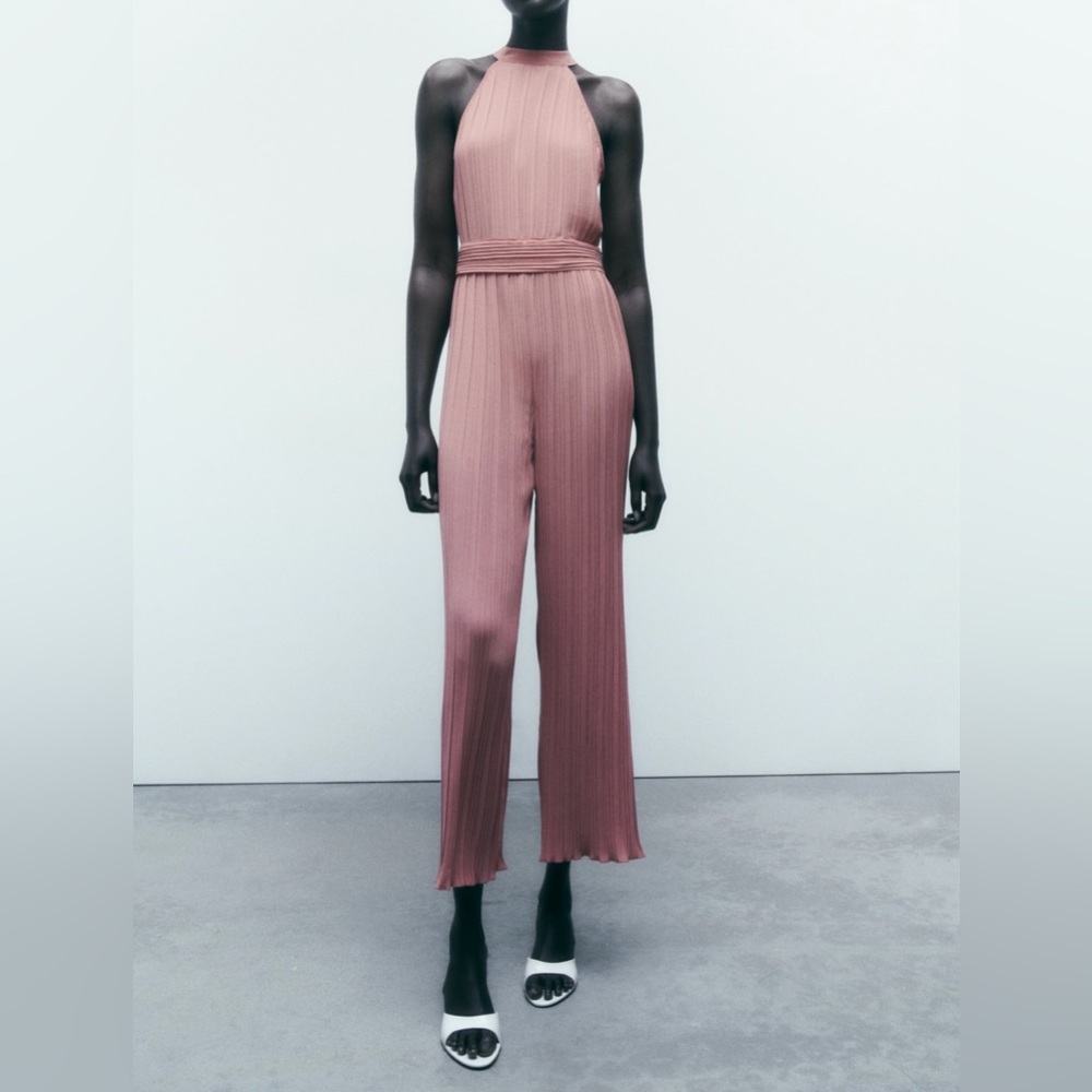 NWT ZARA Medium Jumpsuit Pleated Halter Neck Waistband Wide Leg Trousers Pink